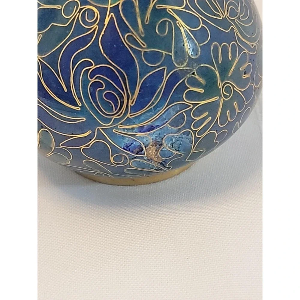 Pair Vintage Chinese Cloisonne Brass Vases Multi ‎ Color Blue And Gold Swirl